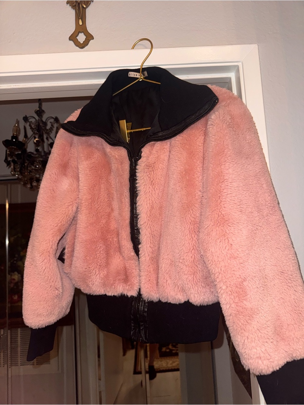 Alice + Olivia Pink Faux Fur Bomber Jacket with Black Trim